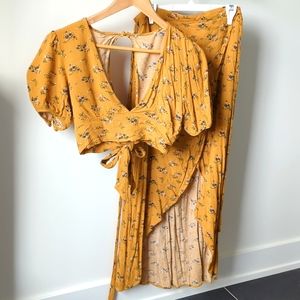 2 Piece Floral Coord Set, Yellow Gold Crop Top and High Waisted Skirt, L'Atiste